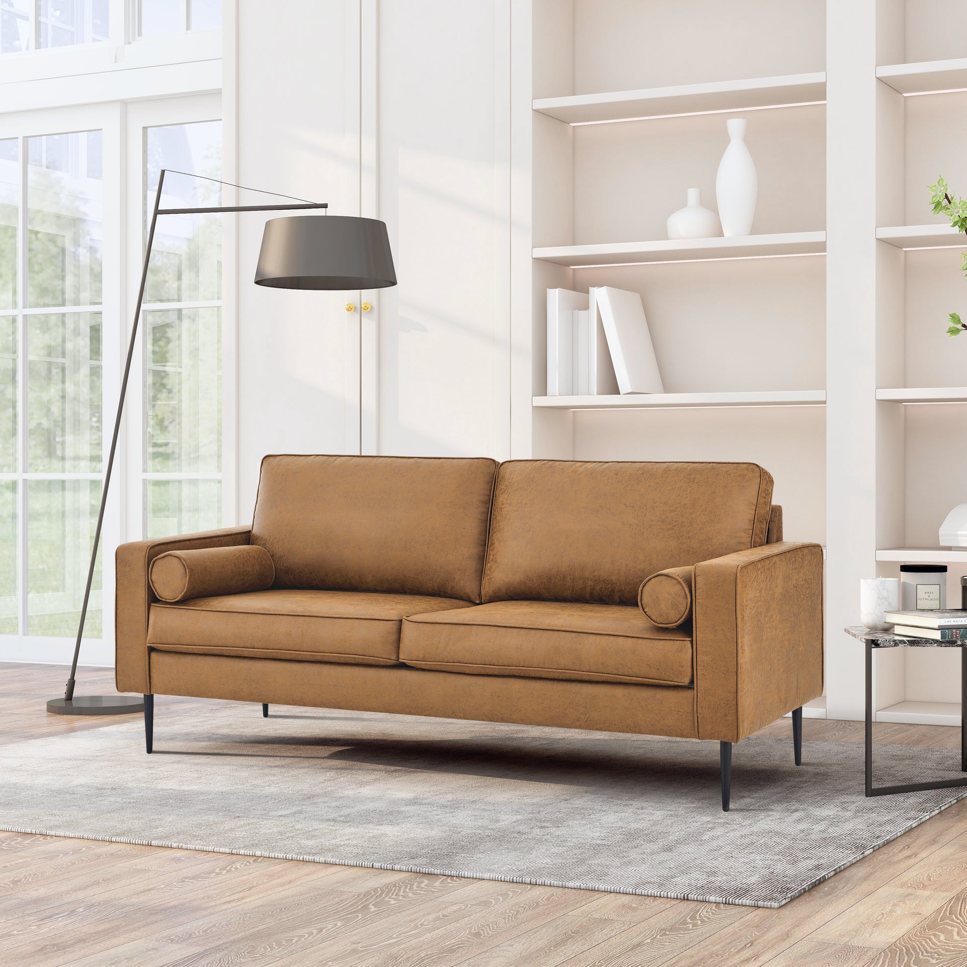 79"Mid Century Modern Couch With High Tech Fabric Surface Upholstered Cushions Pillows,Seat Sofas&Couches For Living Room Apartment Office, Large Brown Brown Wood Primary Living Space Soft Cushion Back American Design Square Arms Polyester Fabric 2 Seat