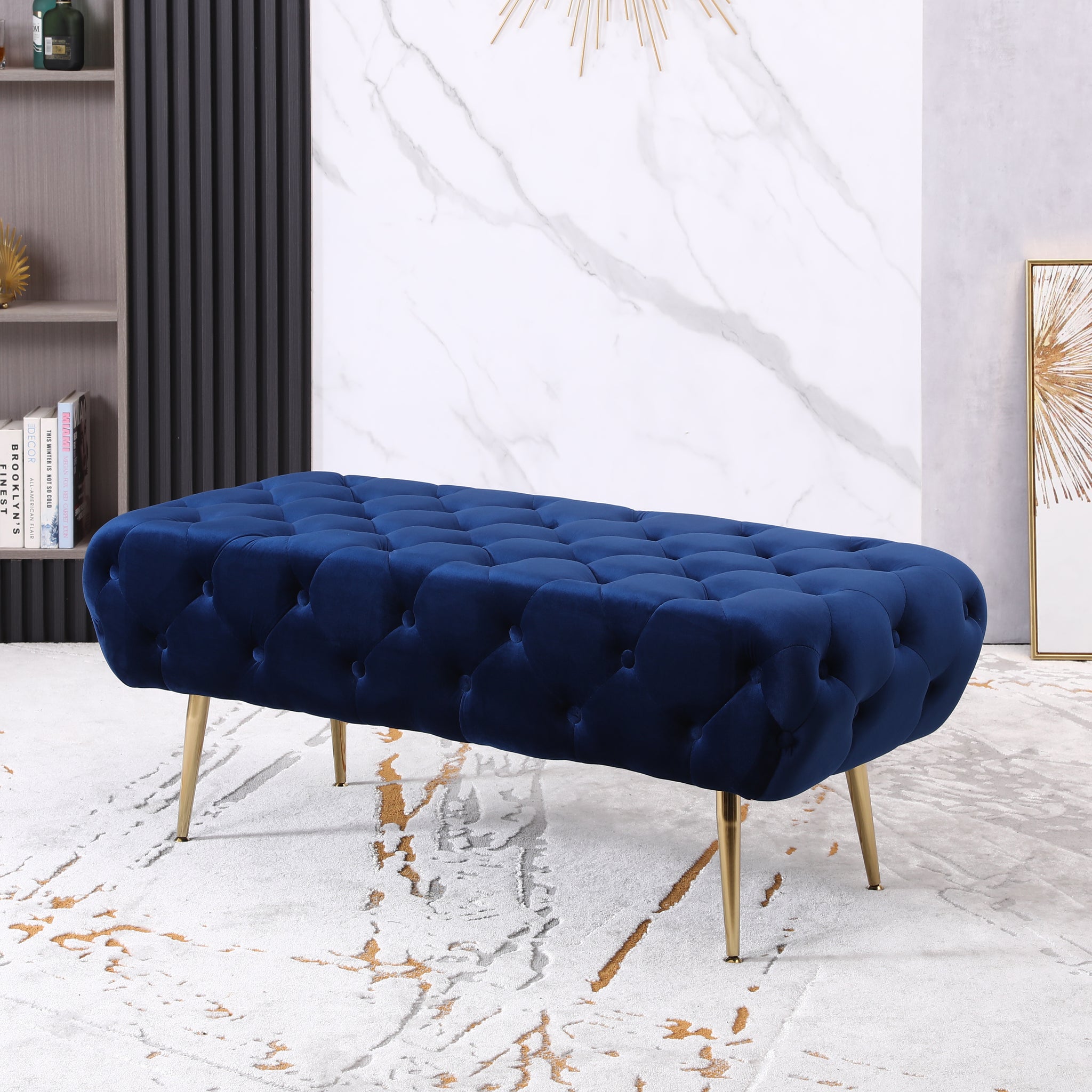 Sira Velvet Button Tufted Bench With Gold Metal Legs, Blue Blue Velvet