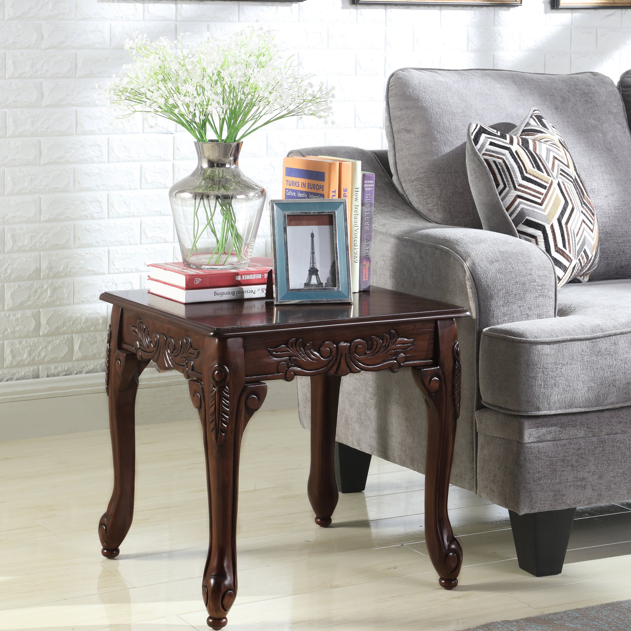 Traditional Ornate Detailing Dark Cherry Finish Wood End Table Brown Wood