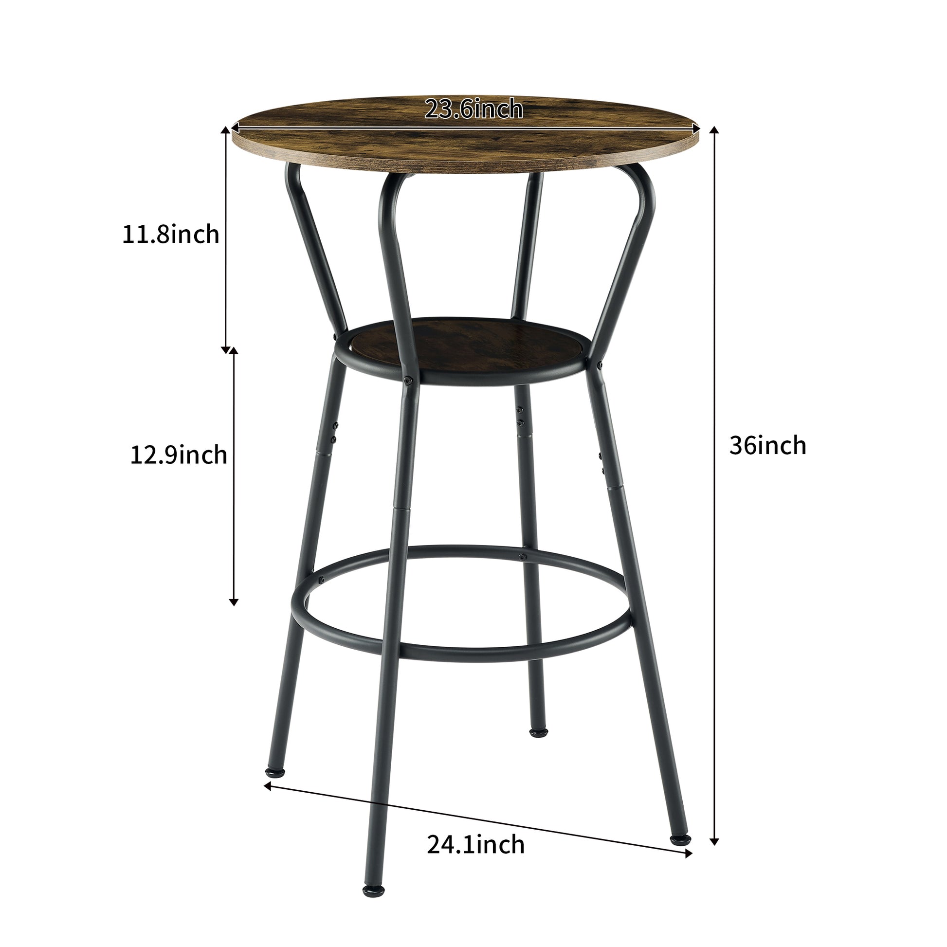 Round Bar Table And Stool Set With Shelf, Upholstered Stool With Backrest, Rustic Brown, 24.17"W X 24.17"D X 36.02"H Upholstered Chair Wood Antique Brown Seats 2 Metal Dining Room Antique 4 Leg Round Dining Table With Chair Metal & Wood