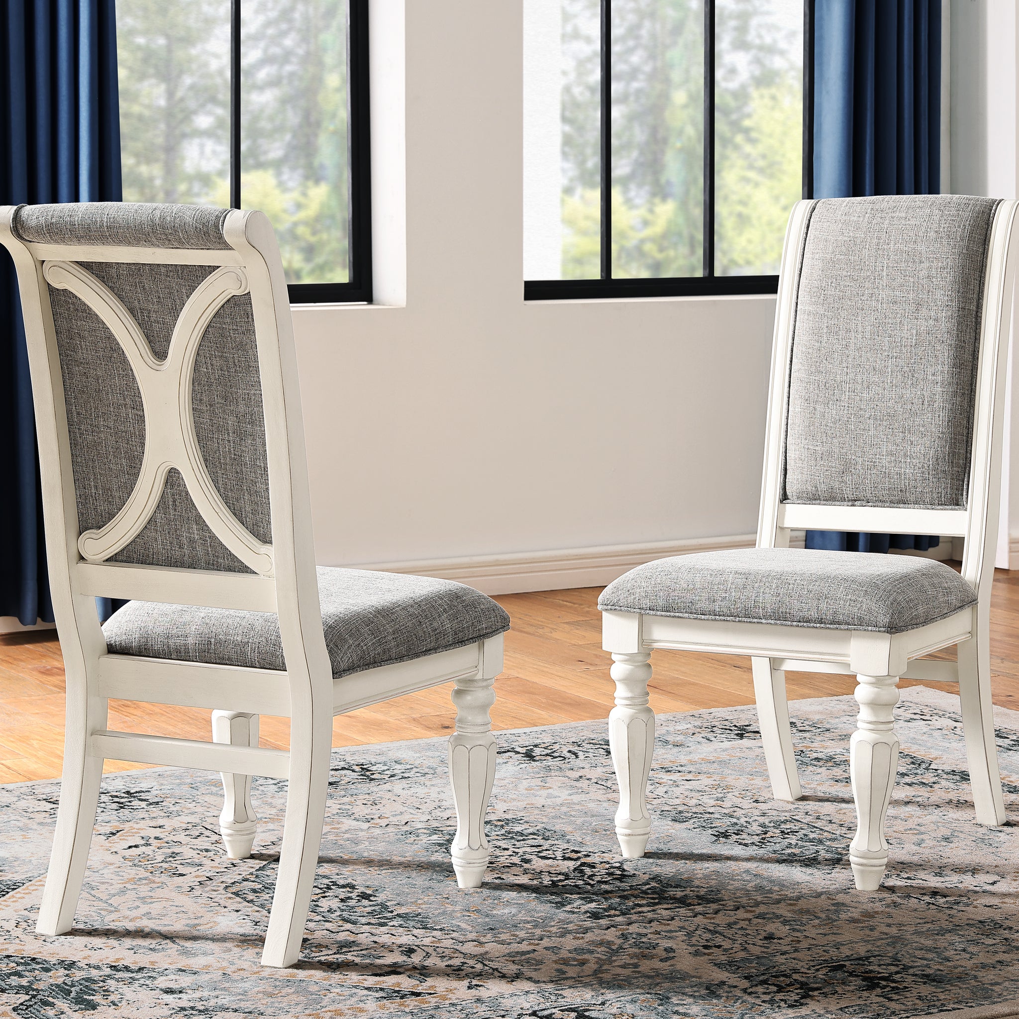 Belleza Antique White Solid Wood Upholstered Dining Chairs, Set Of 2 Gray Wood
