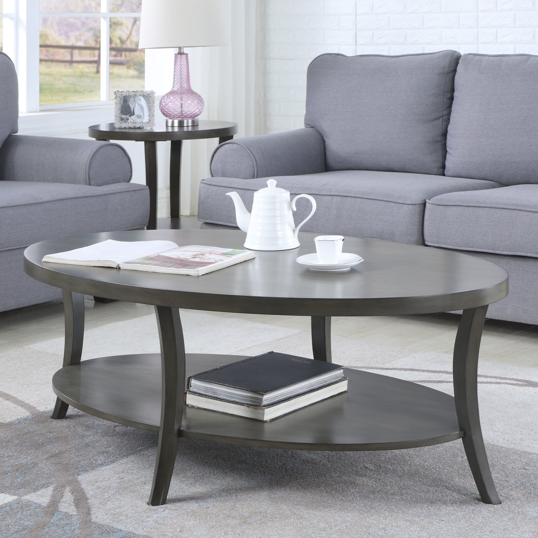 Perth Contemporary Oval Shelf Coffee Table, Gray Gray Wood