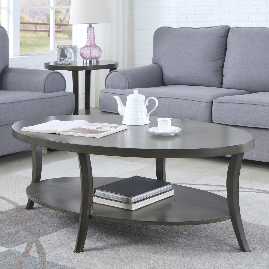Perth Contemporary Oval Shelf Coffee Table, Gray Gray Wood