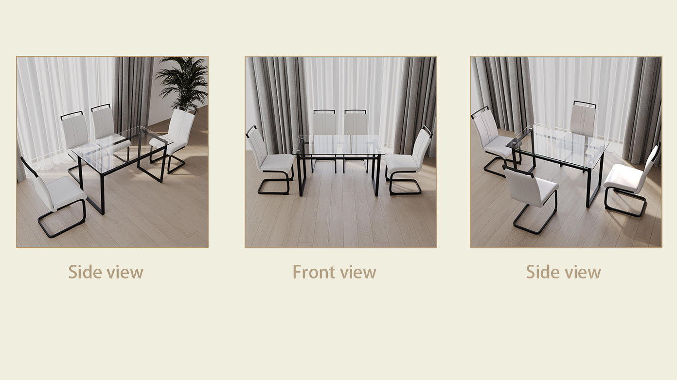51 Inch Glass Dining Table Set For 4, Dining Table & Chair Sets With Black Metal Legs For Kitchen, Modern Rectangle Tempered Glass Table Top And Pu Dining Armless Chair For Dining Room Transparent Glass