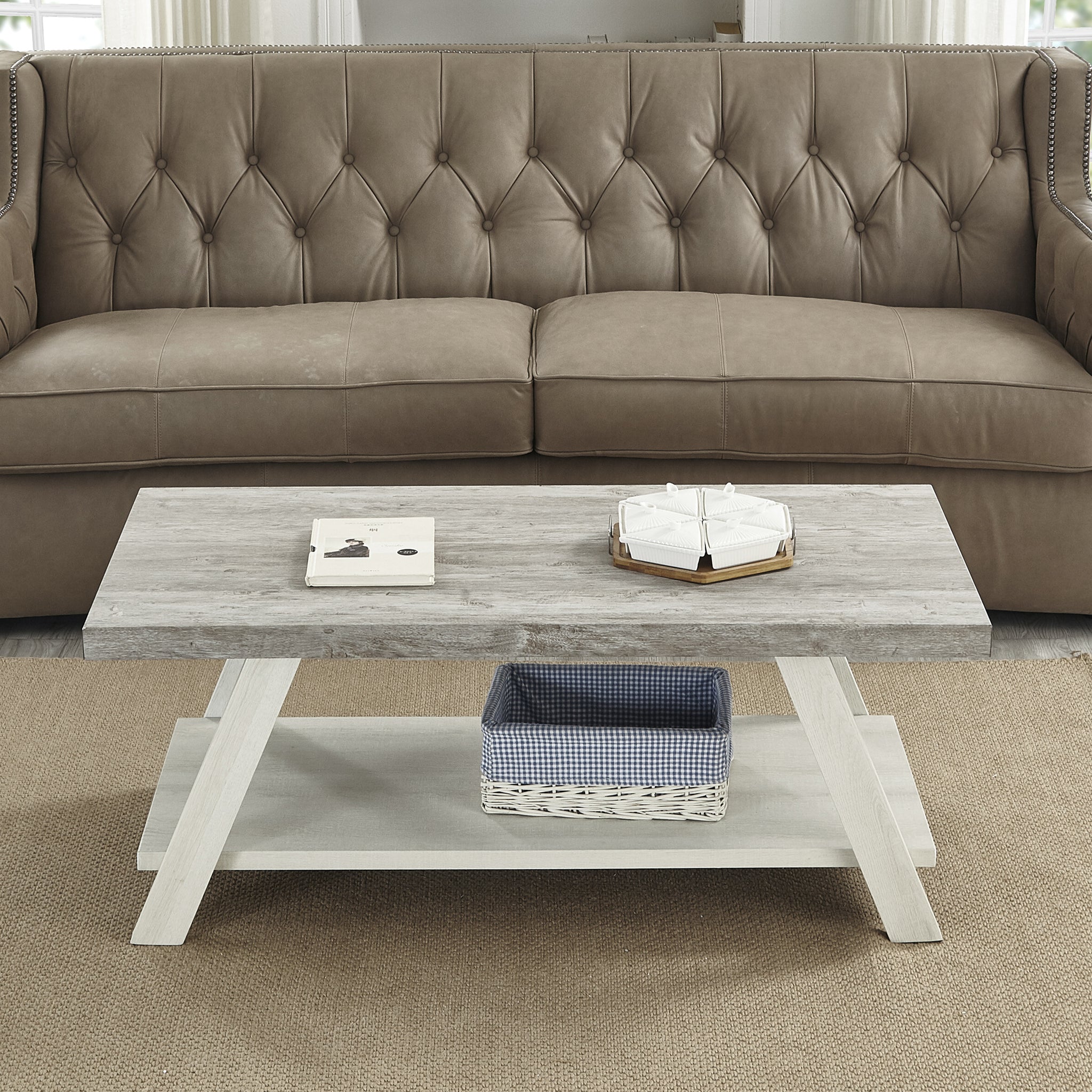 Athens Contemporary Two Tone Wood Shelf Coffee Table In Weathered Gray And Beige Multicolor Wood