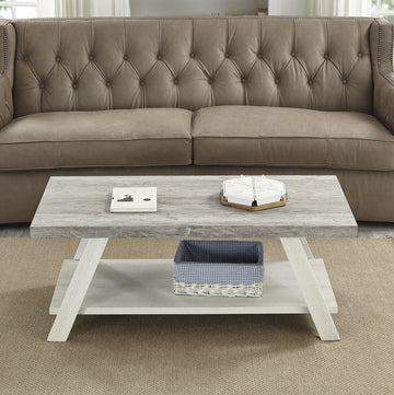 Athens Contemporary Two Tone Wood Shelf Coffee Table In Weathered Gray And Beige Multicolor Wood