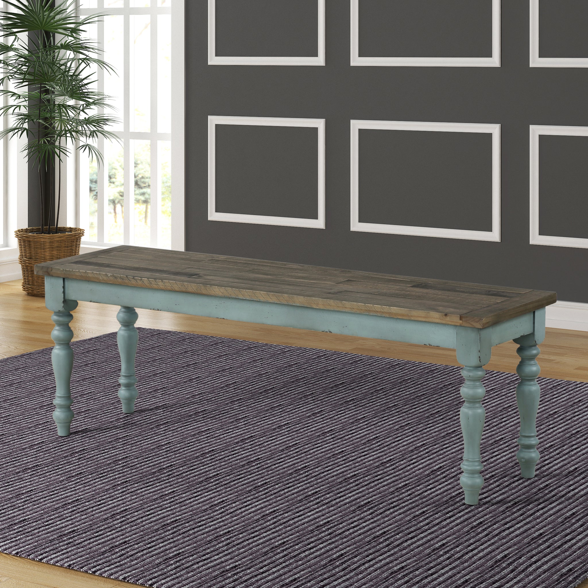 Prato Two Tone Wood Upholstered Dining Bench, Antique White And Distressed Blue White Wood