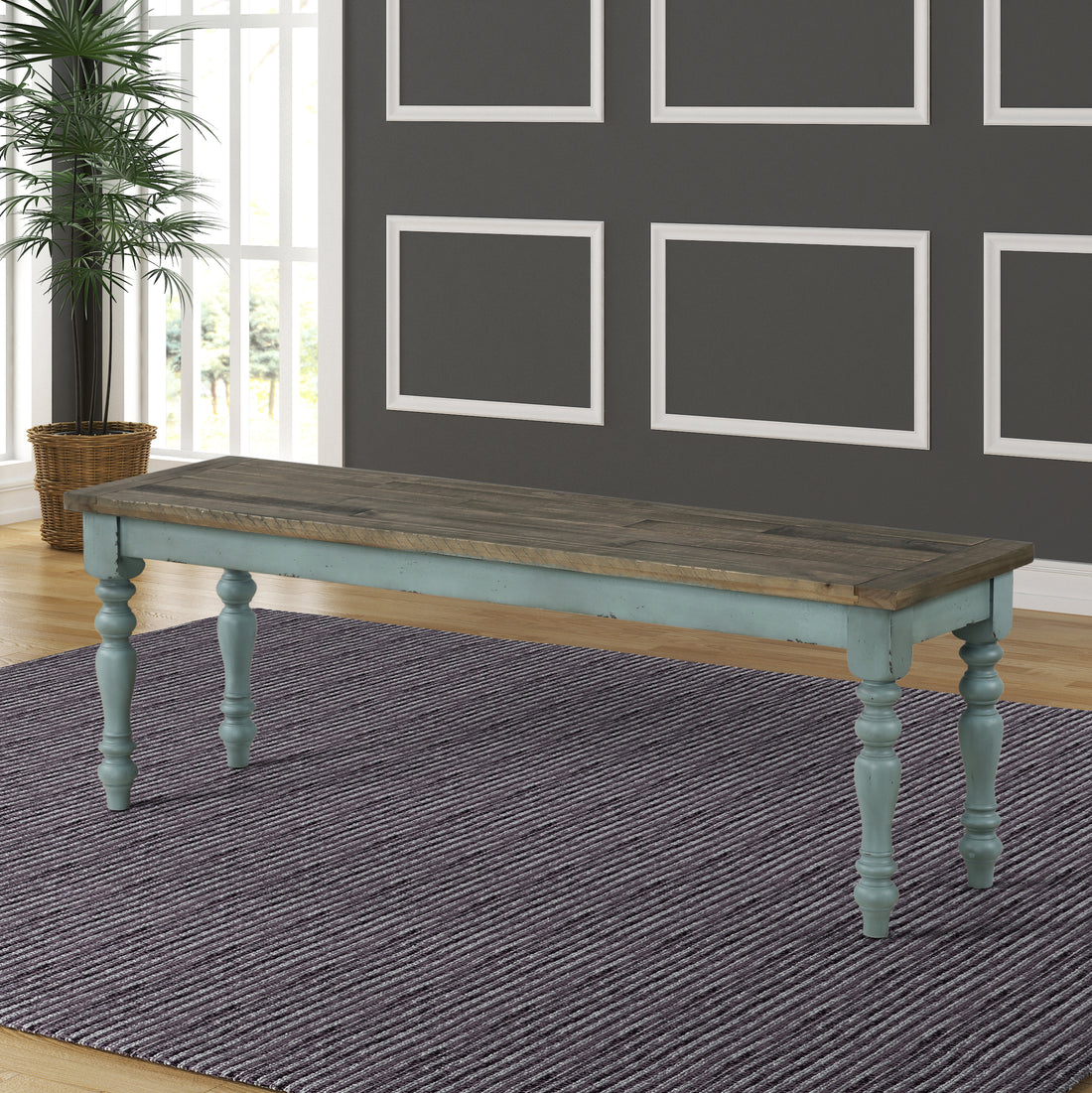 Prato Two Tone Wood Upholstered Dining Bench, Antique White And Distressed Blue White Wood