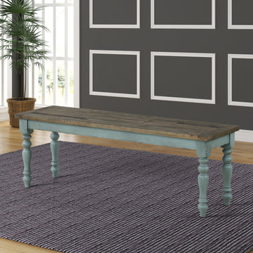 Prato Two Tone Wood Upholstered Dining Bench, Antique White And Distressed Blue White Wood