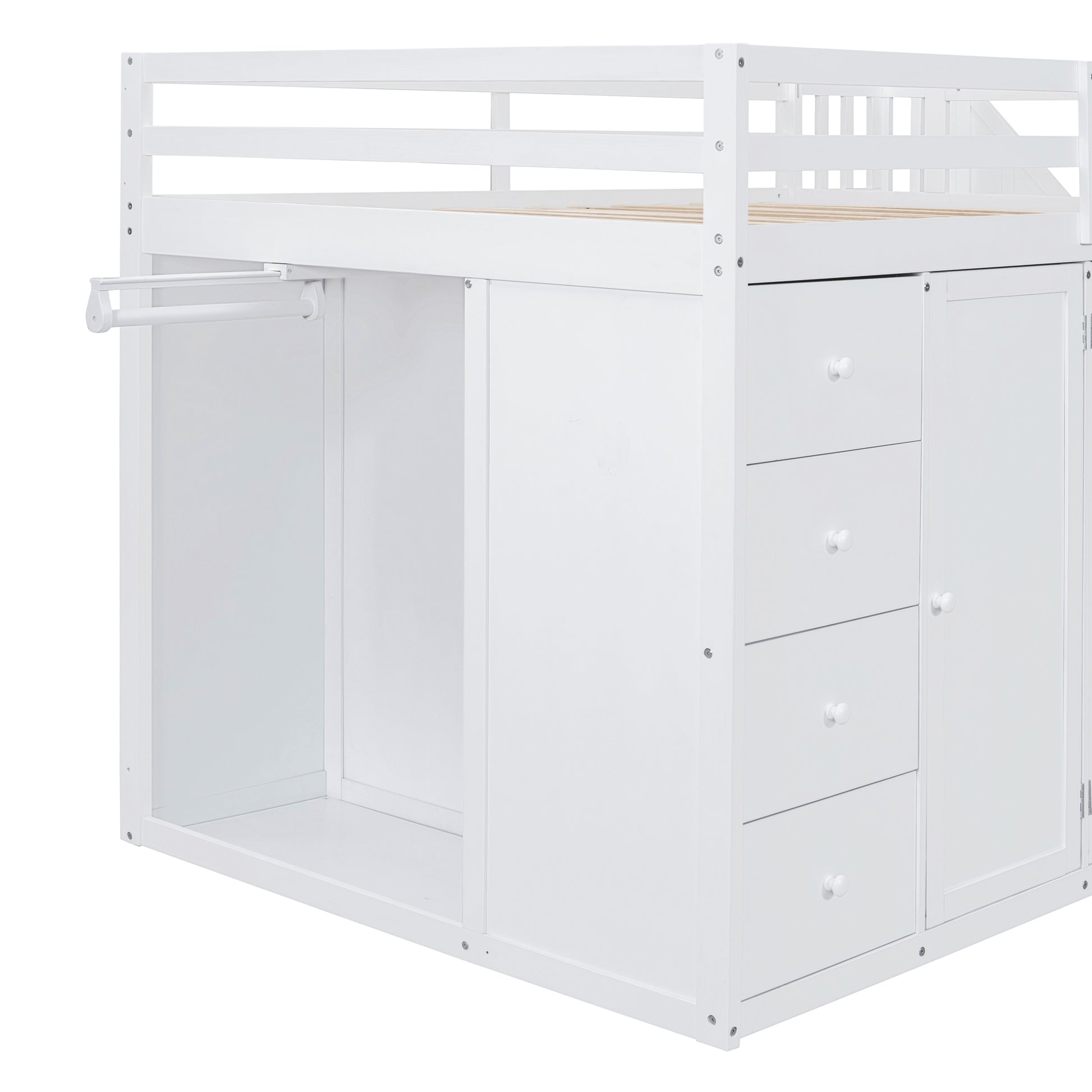 Full Size Wood Loft Bed With Built In Wardrobes, Cabinets And Drawers, White White Solid Wood Mdf