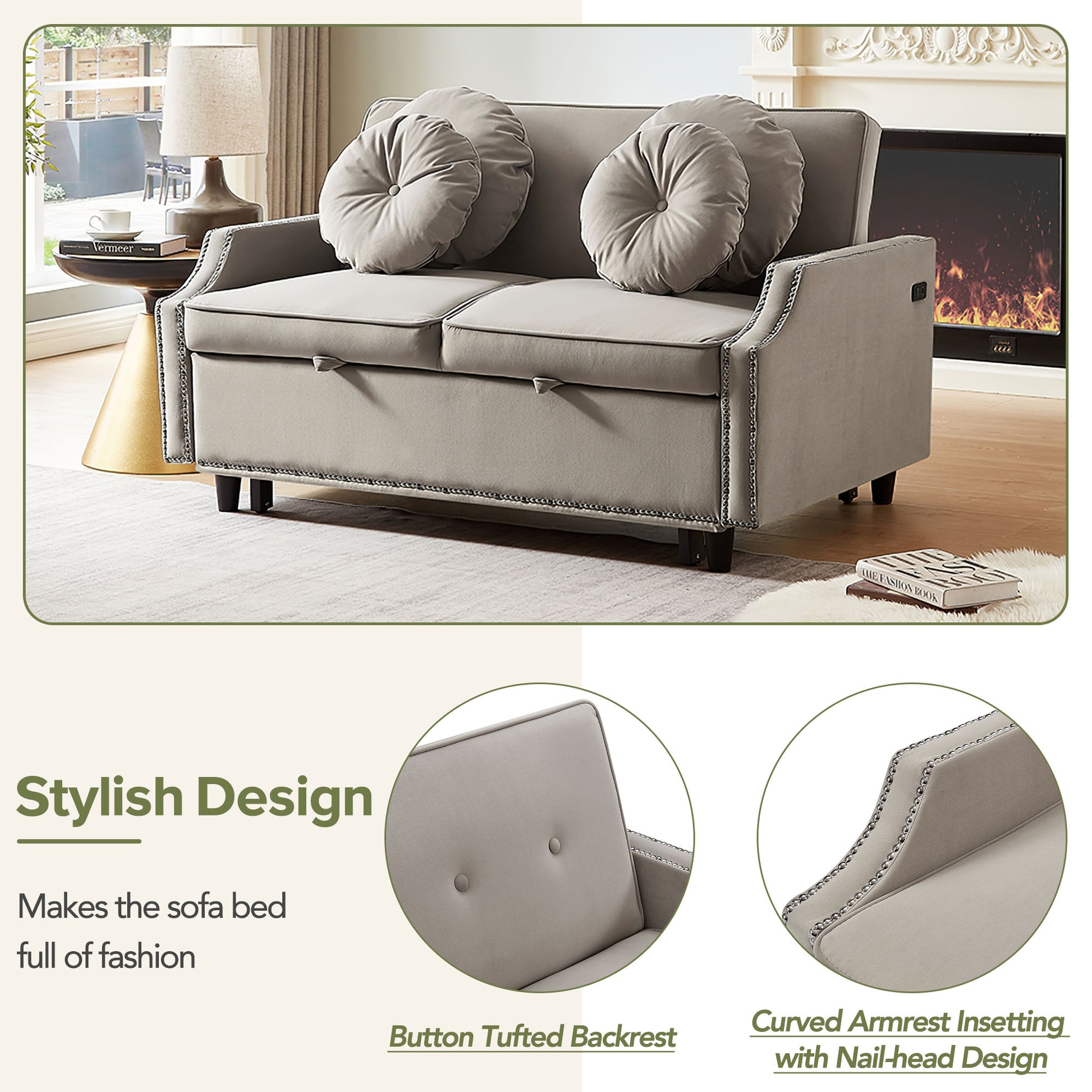 54.7" Multiple Adjustable Positions Sofa Bed Stylish Sofa Bed With A Button Tufted Backrest, Two Usb Ports And Four Floral Lumbar Pillows For Living Room, Bedroom,Or Small Space, Coffee Coffee Foam Polyester 2 Seat