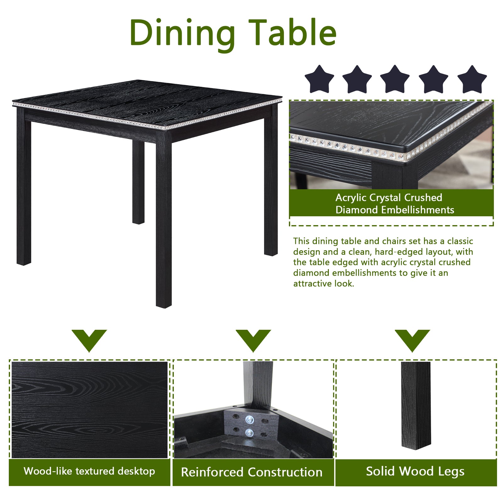 5 Piece Wooden Dining Table Set, Kitchen Table Set With A Square Table And 4 Upholstered Chairs, Wooden Dining Room Table With Crystal Decoration And Chairs Set For Kitchen, Dining Room, Black Black Seats 4 Dining Room 4 Leg Square Dining Table With