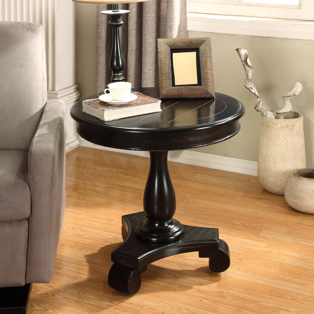 Rene Round Wood Pedestal Side Table, Black Black Wood