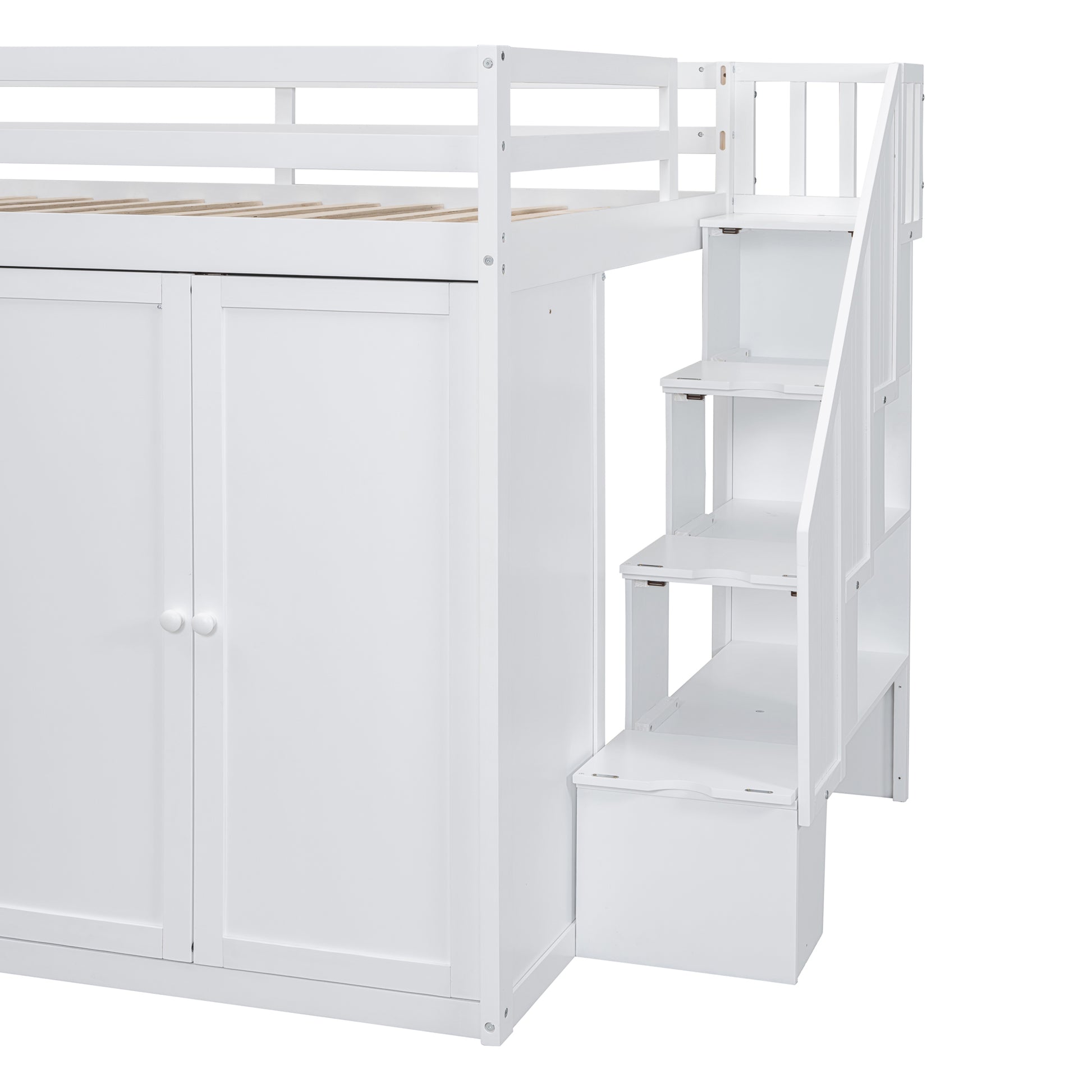 Full Size Wood Loft Bed With Built In Wardrobes, Cabinets And Drawers, White White Solid Wood Mdf