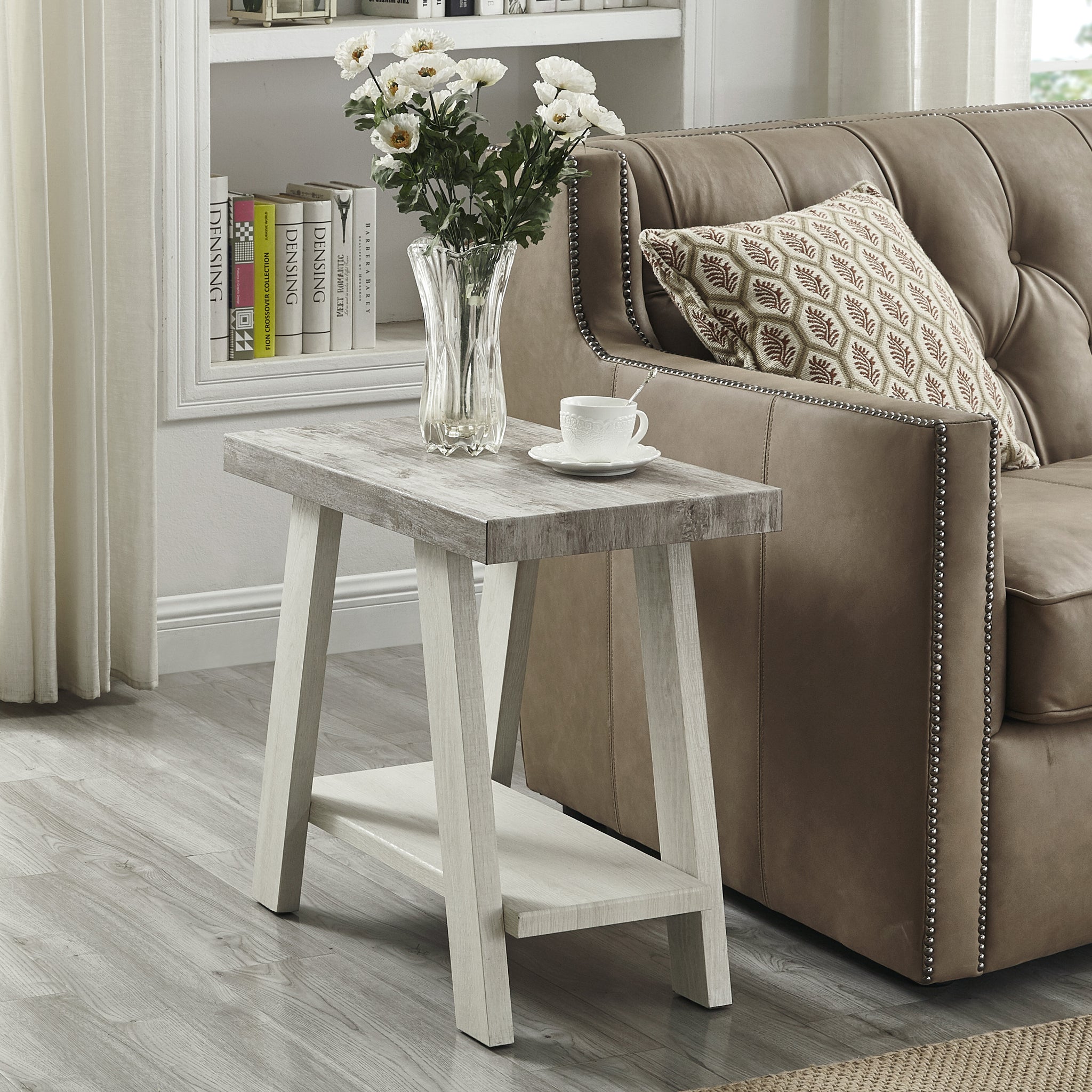 Athens Contemporary Two Tone Wood Shelf Side Table In Weathered Gray And Beige Multicolor Wood
