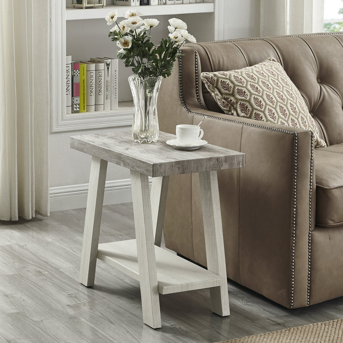 Athens Contemporary Two Tone Wood Shelf Side Table In Weathered Gray And Beige Multicolor Wood