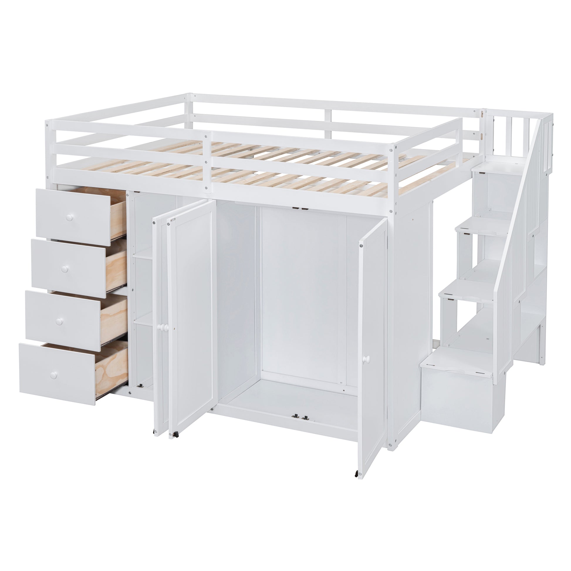 Full Size Wood Loft Bed With Built In Wardrobes, Cabinets And Drawers, White White Solid Wood Mdf