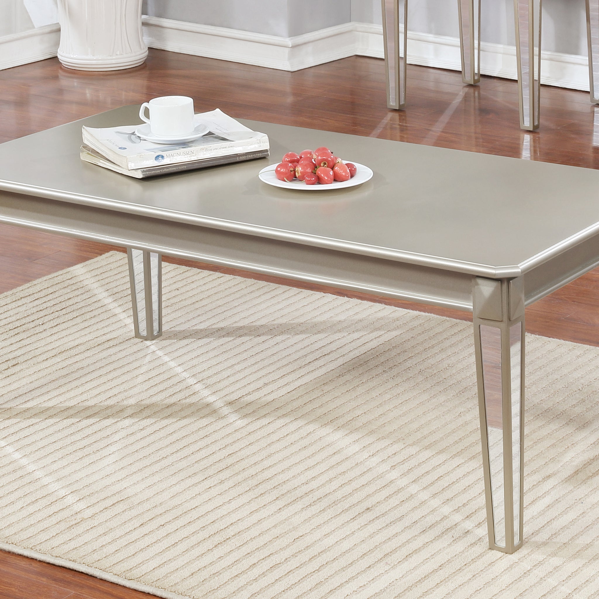 Barent Contemporary Wood Coffee Table With Mirrored Legs, Champagne Silver Mdf