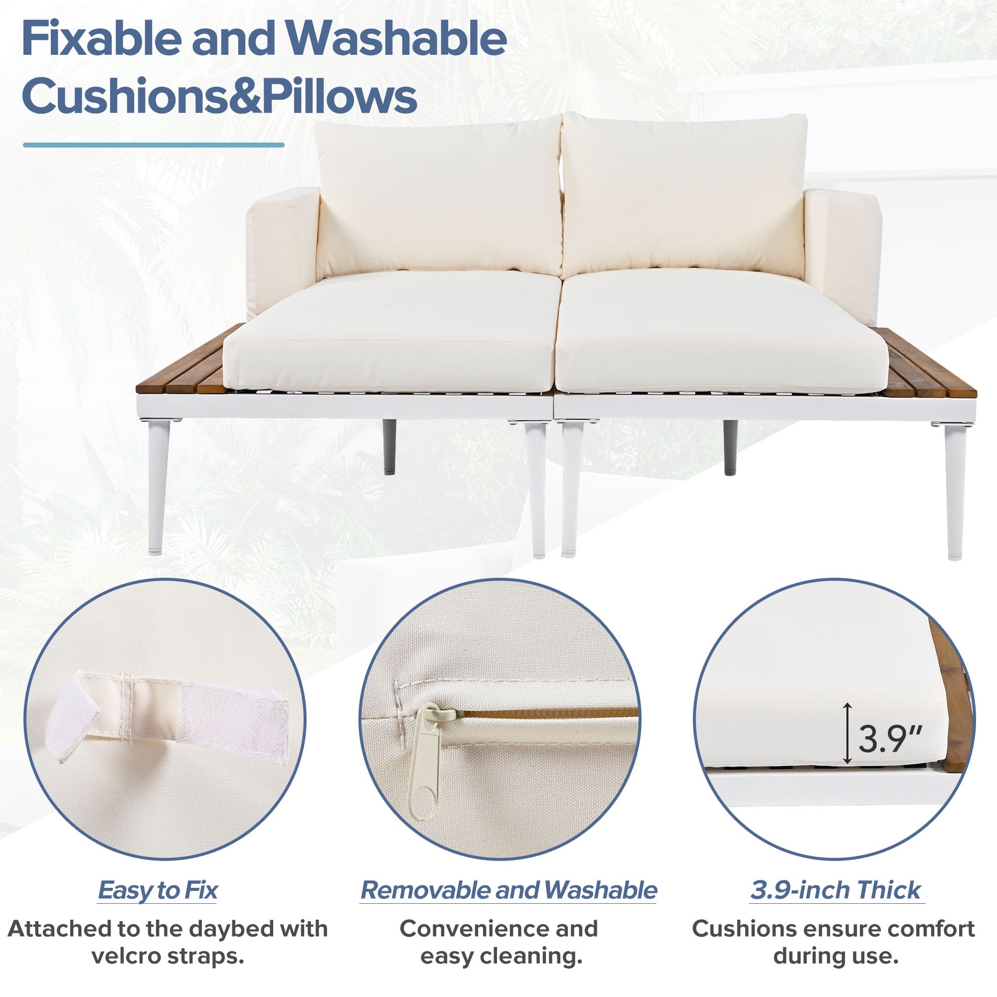 Modern Outdoor Daybed Patio Metal Daybed With Wood Topped Side Spaces For Drinks, 2 In 1 Padded Chaise Lounges For Poolside, Balcony, Deck, Beige Yes Lounge Beige Weather Resistant Frame Fade