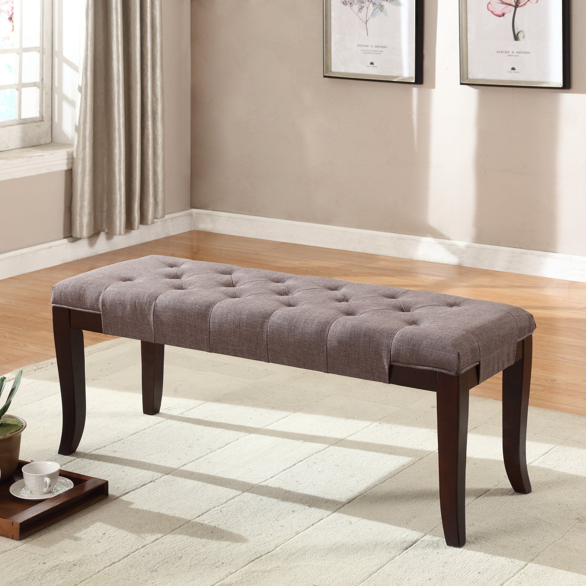 Linon Tufted Bench, Fabric, Brown Brown Polyester Blend
