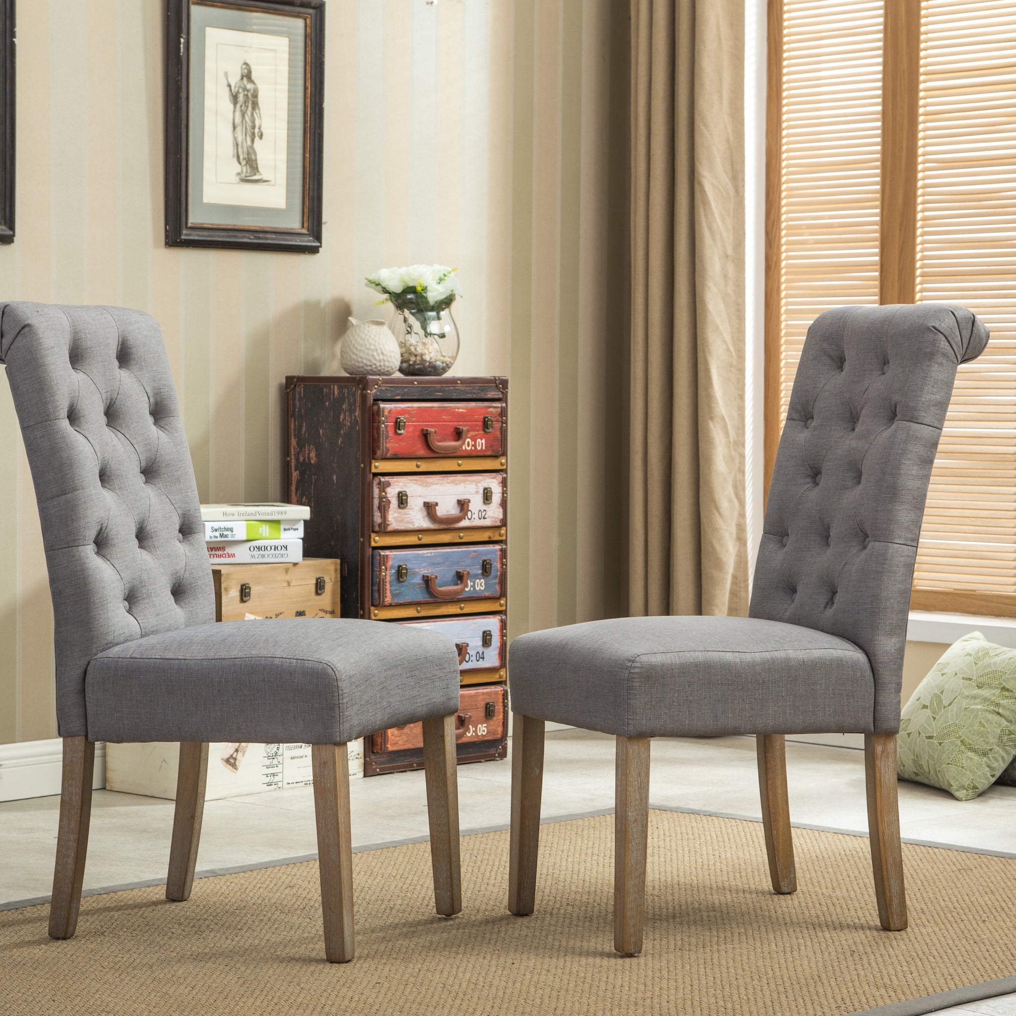 Habit Solid Wood Tufted Parsons Dining Chair, Set Of 2, Grey Gray Polyester