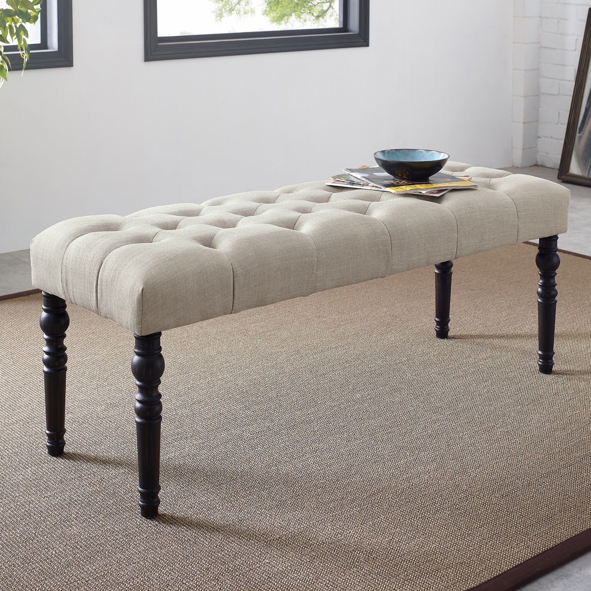 Leviton Fabric Tufted Turned Leg Dining Bench, Tan Tan Wood
