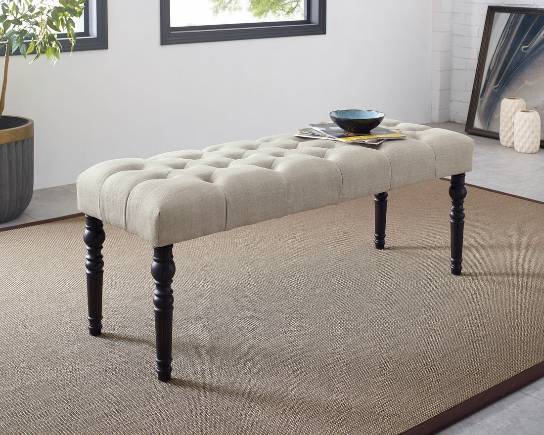 Leviton Fabric Tufted Turned Leg Dining Bench, Tan Tan Wood