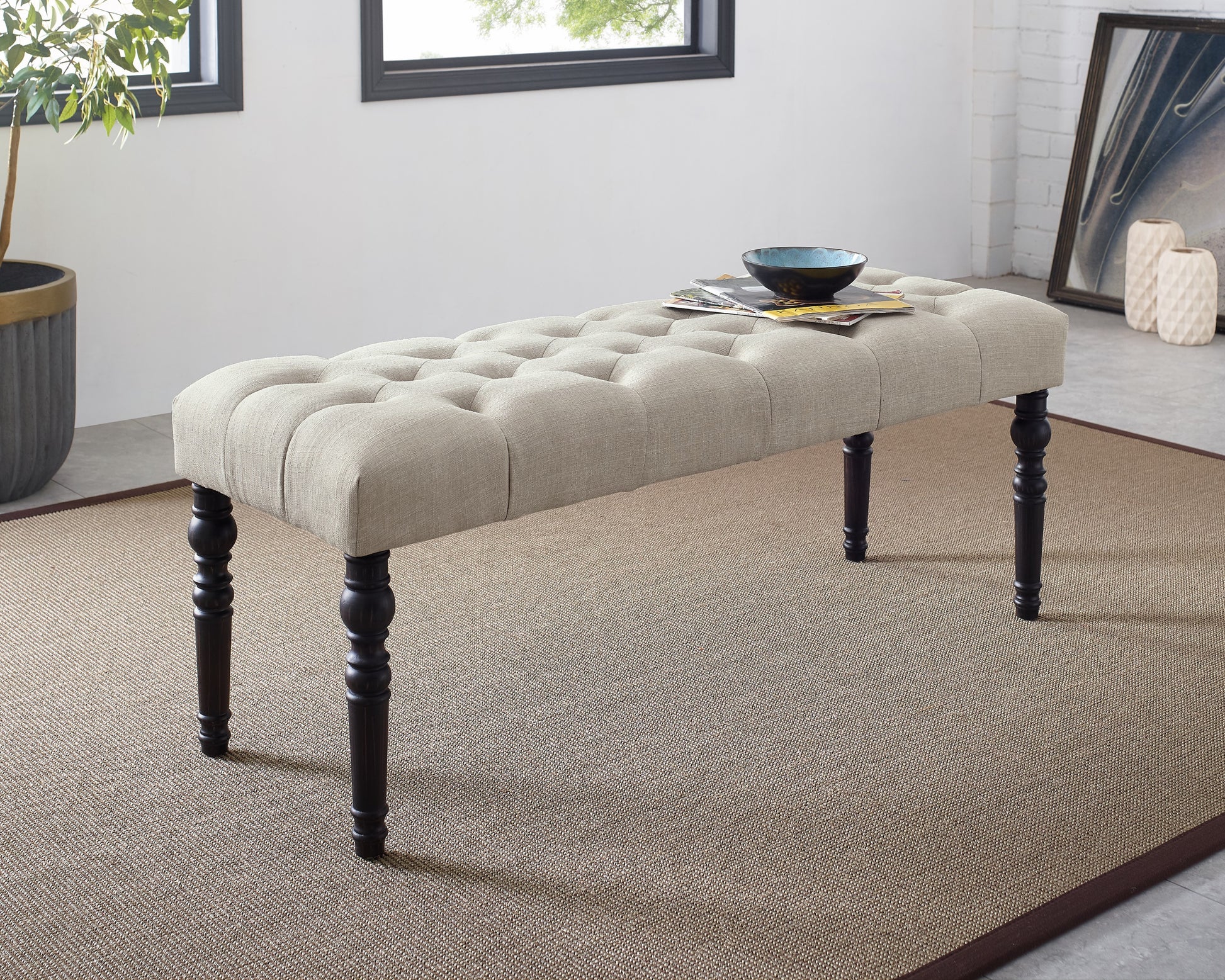 Leviton Fabric Tufted Turned Leg Dining Bench, Tan Tan Wood