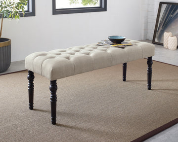 Leviton Fabric Tufted Turned Leg Dining Bench, Tan Tan Wood