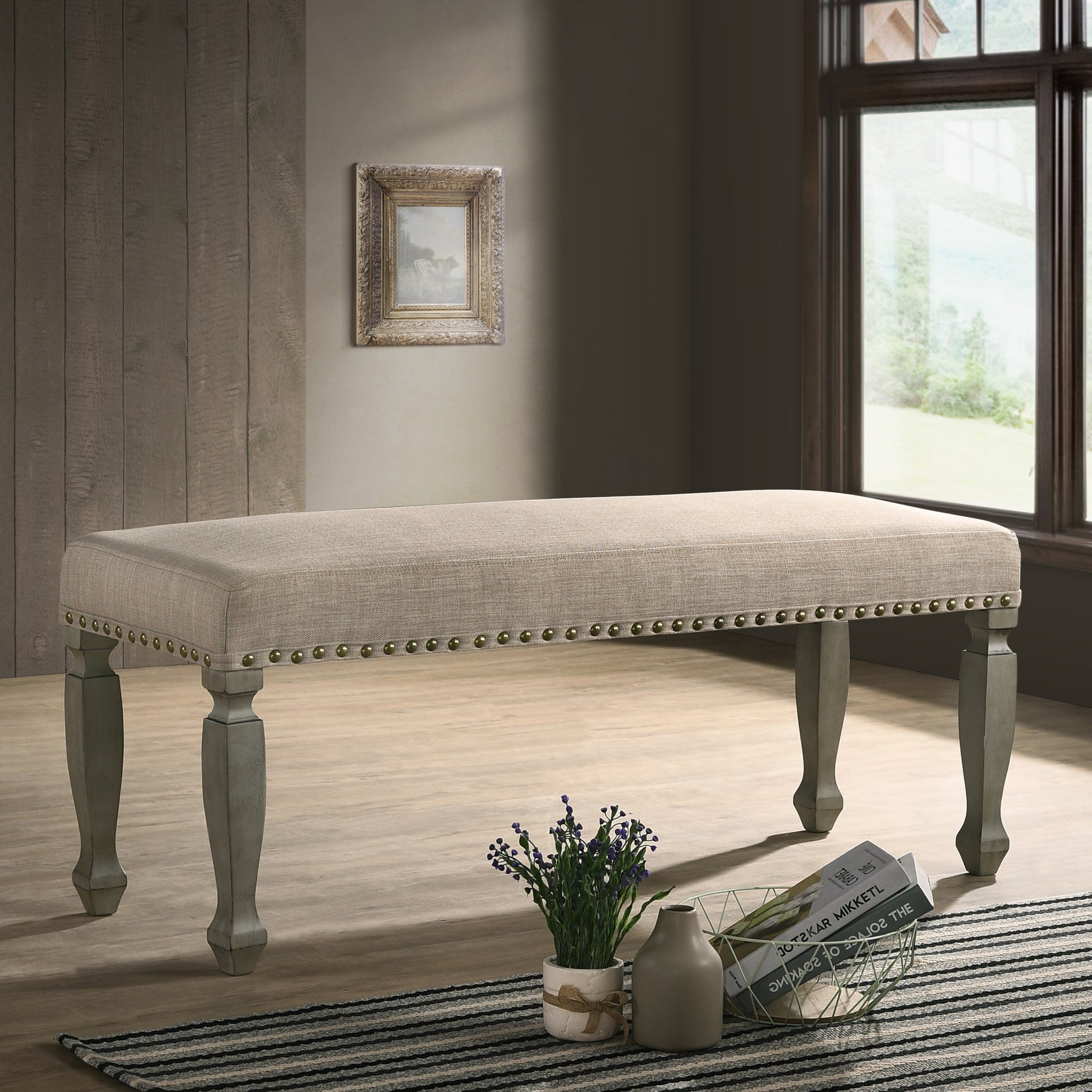 Breda Antique Gray Finish Upholstered Bench Tan Polyester