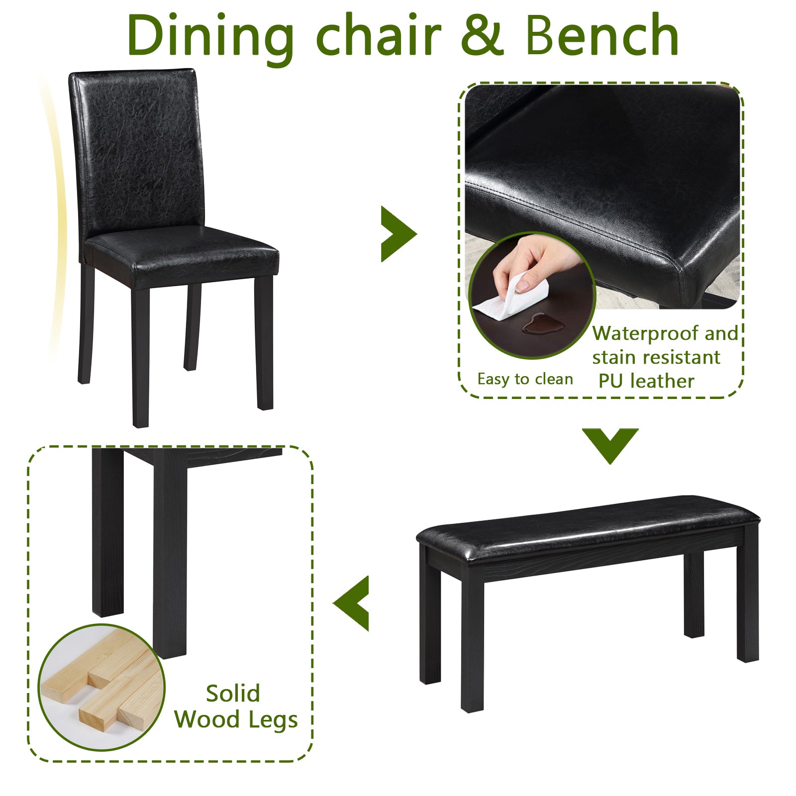 Wooden Dining Rectangular Table With Bench, Kitchen Table With Bench For Small Space, 6 Person Dining Table, Black Black Seats 6 Dining Room Rectangular 4 Leg Rectangular Dining Table With Chair And Bench Solid Wood Mdf