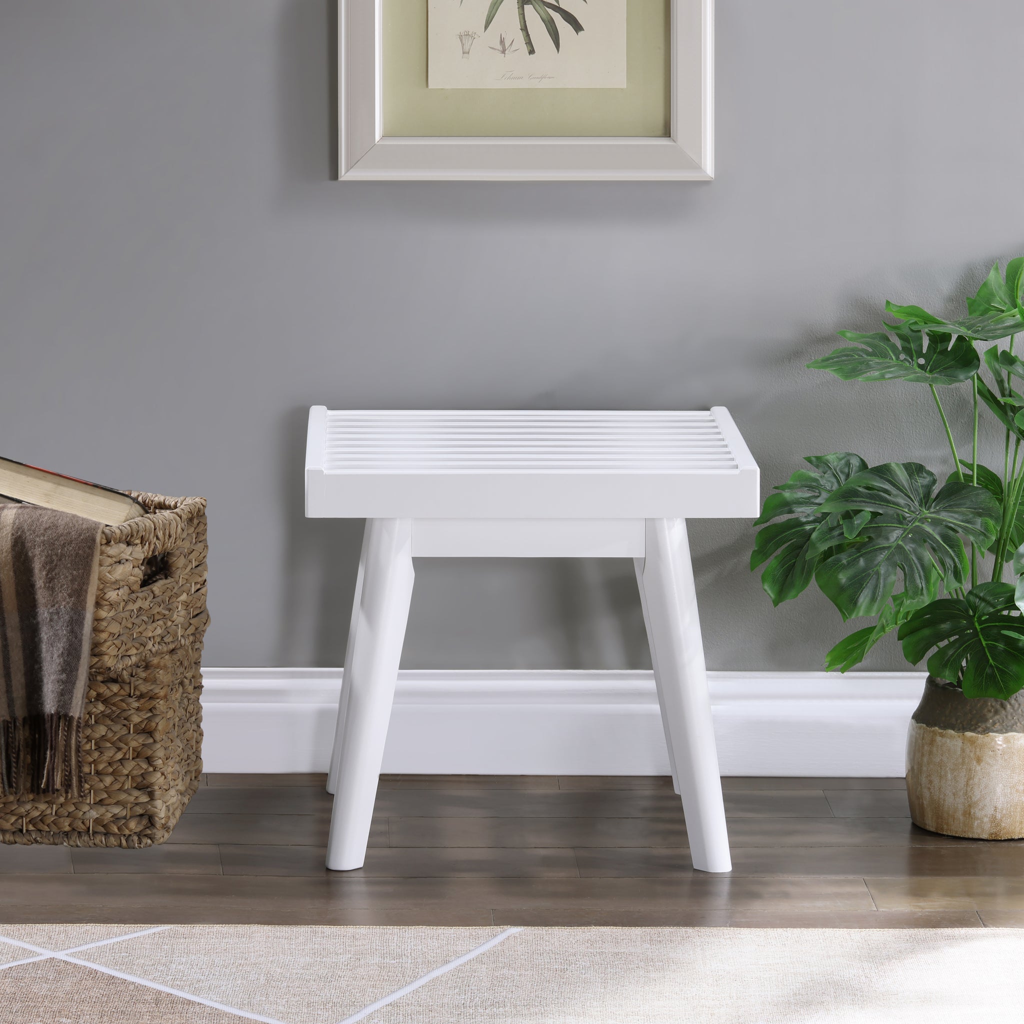 Larwich Solid Wood Slatted Bench, 19 Inch Long, White White Wood