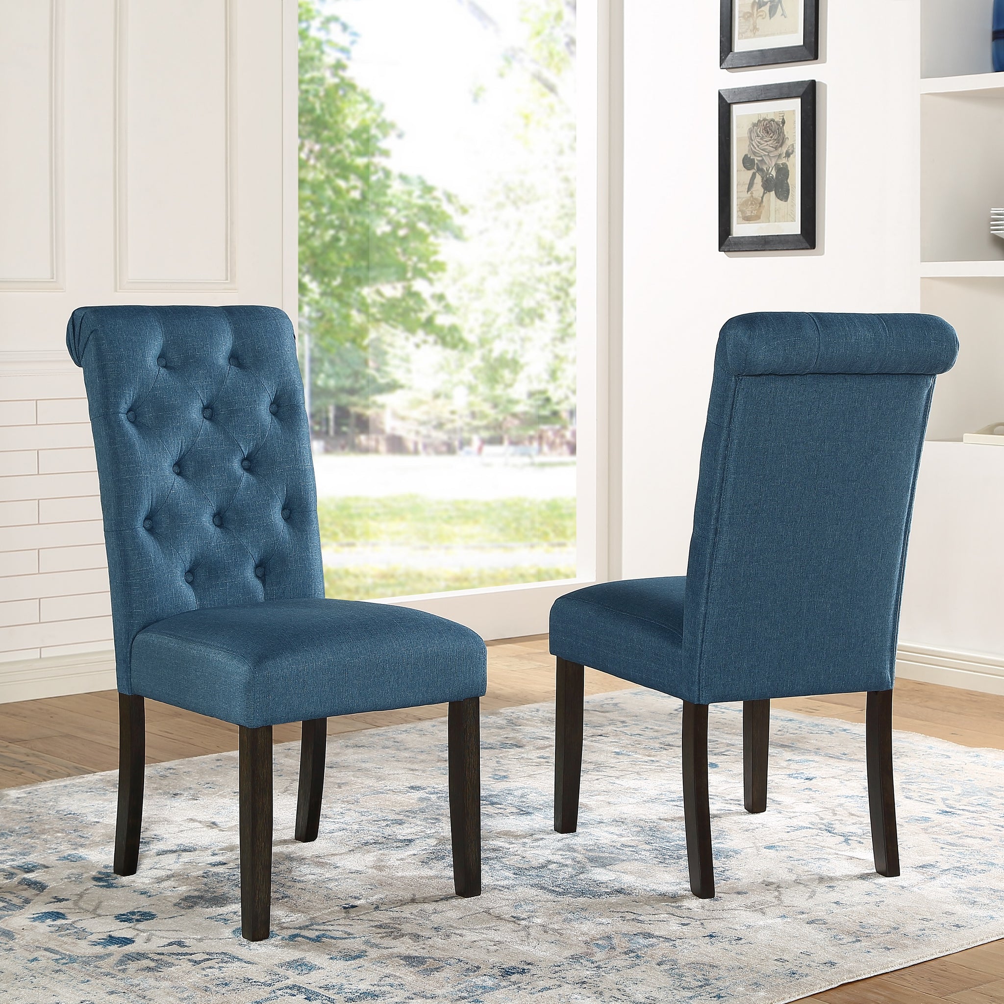 Leviton Solid Wood Tufted Asons Dining Chair, Set Of 2, Blue Blue Polyester Blend