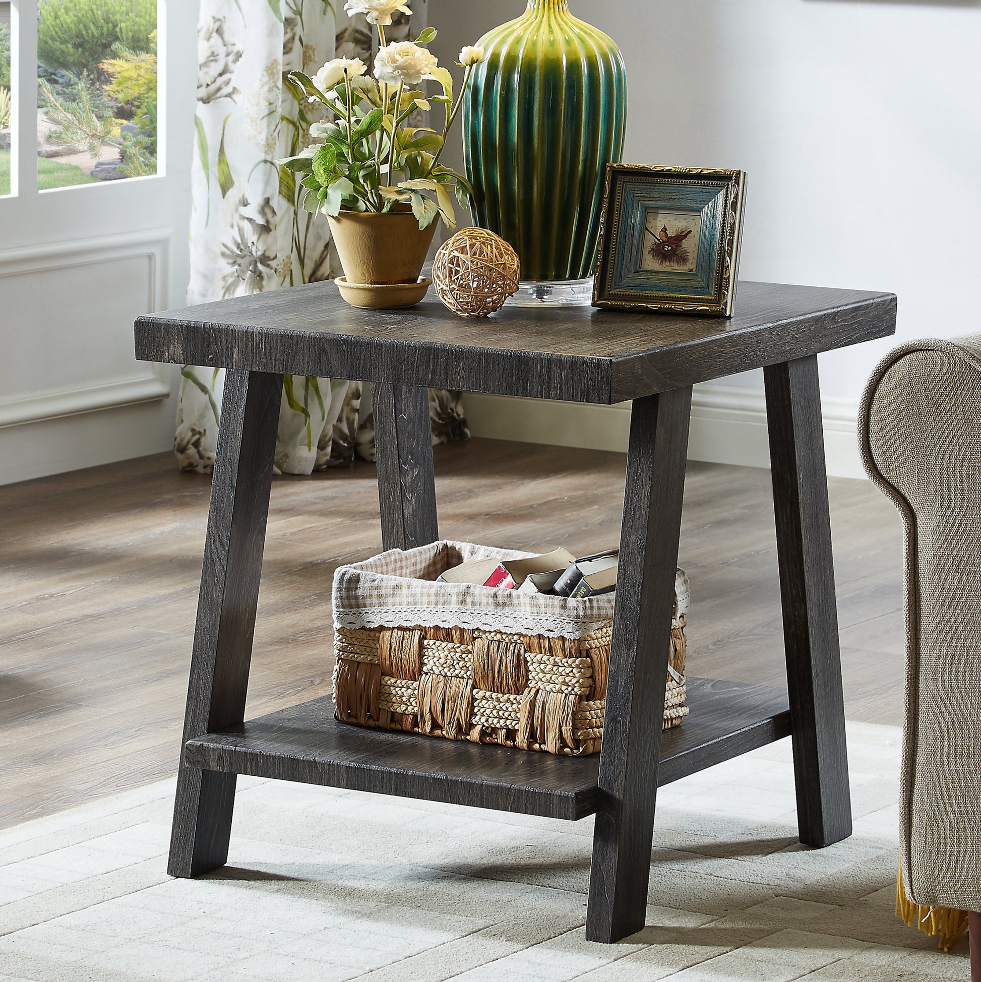 Athens Contemporary Replicated Wood Shelf End Table In Charcoal Finish Charcoal Wood