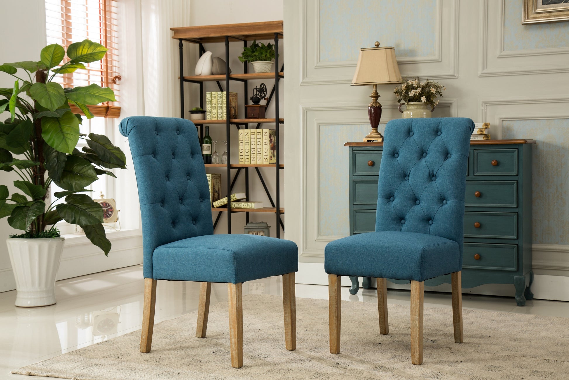 Habit Solid Wood Tufted Parsons Dining Chair, Set Of 2, Blue Blue Polyester