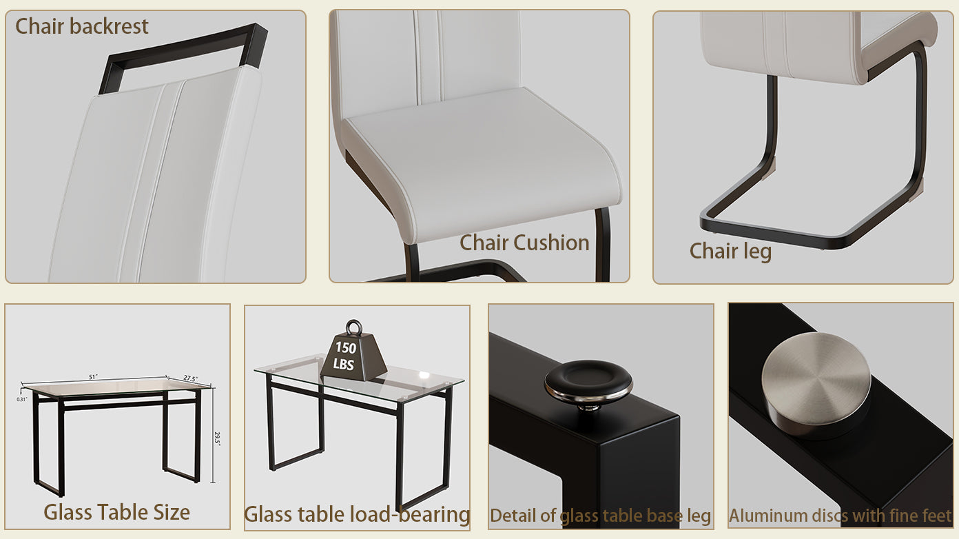 51 Inch Glass Dining Table Set For 4, Dining Table & Chair Sets With Black Metal Legs For Kitchen, Modern Rectangle Tempered Glass Table Top And Pu Dining Armless Chair For Dining Room Transparent Glass