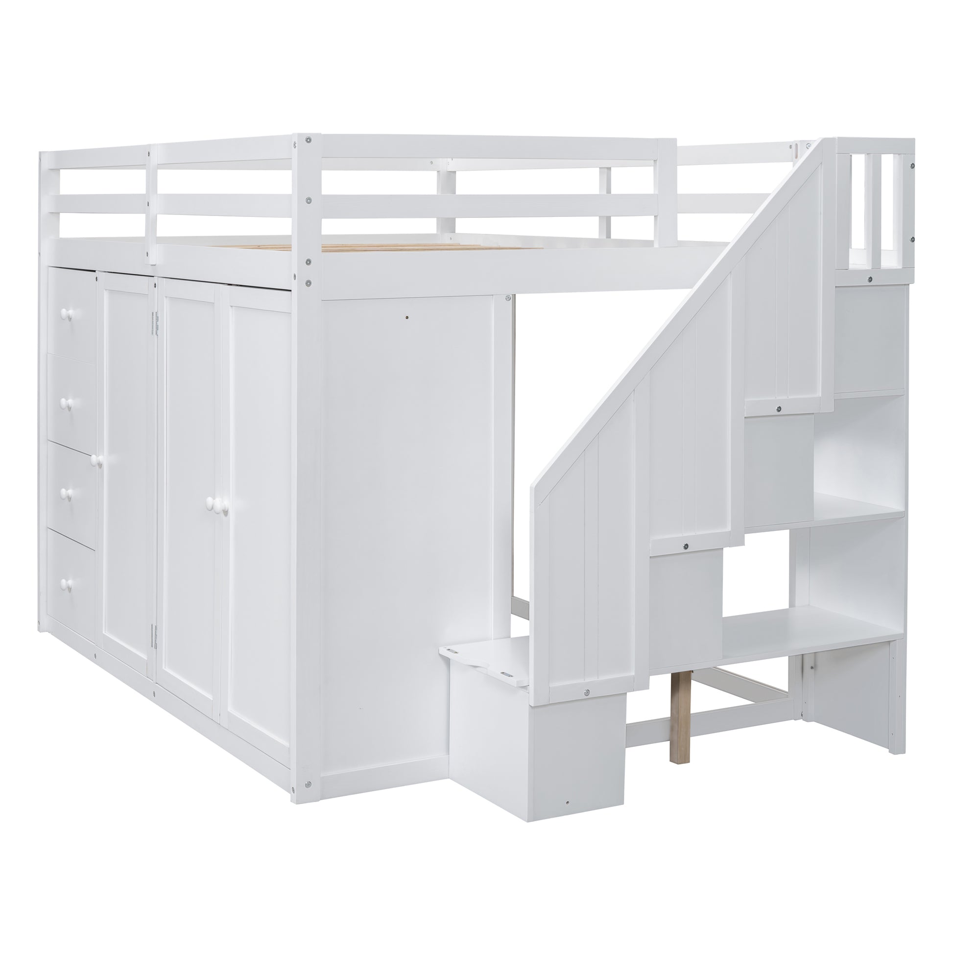 Full Size Wood Loft Bed With Built In Wardrobes, Cabinets And Drawers, White White Solid Wood Mdf