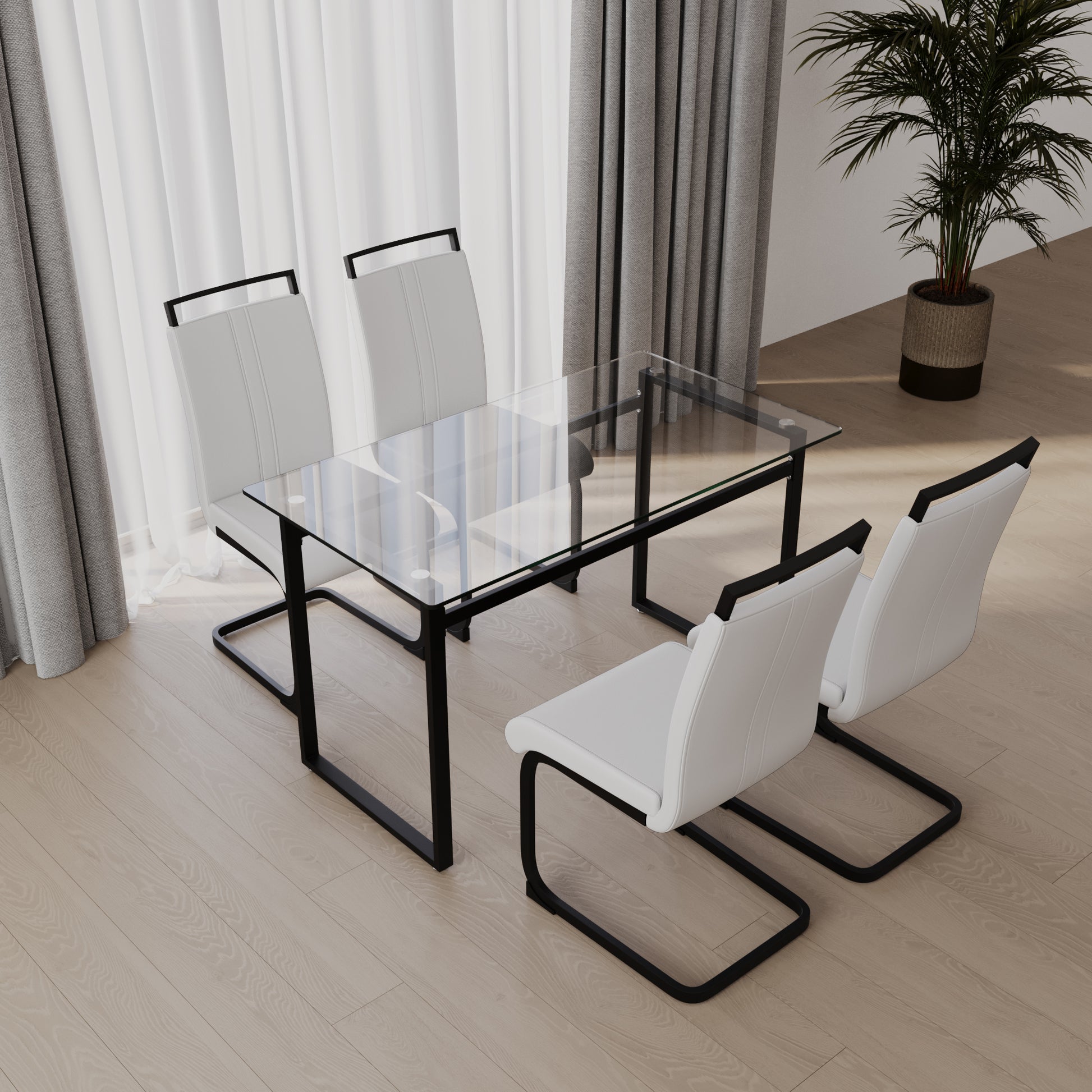 51 Inch Glass Dining Table Set For 4, Dining Table & Chair Sets With Black Metal Legs For Kitchen, Modern Rectangle Tempered Glass Table Top And Pu Dining Armless Chair For Dining Room Transparent Glass