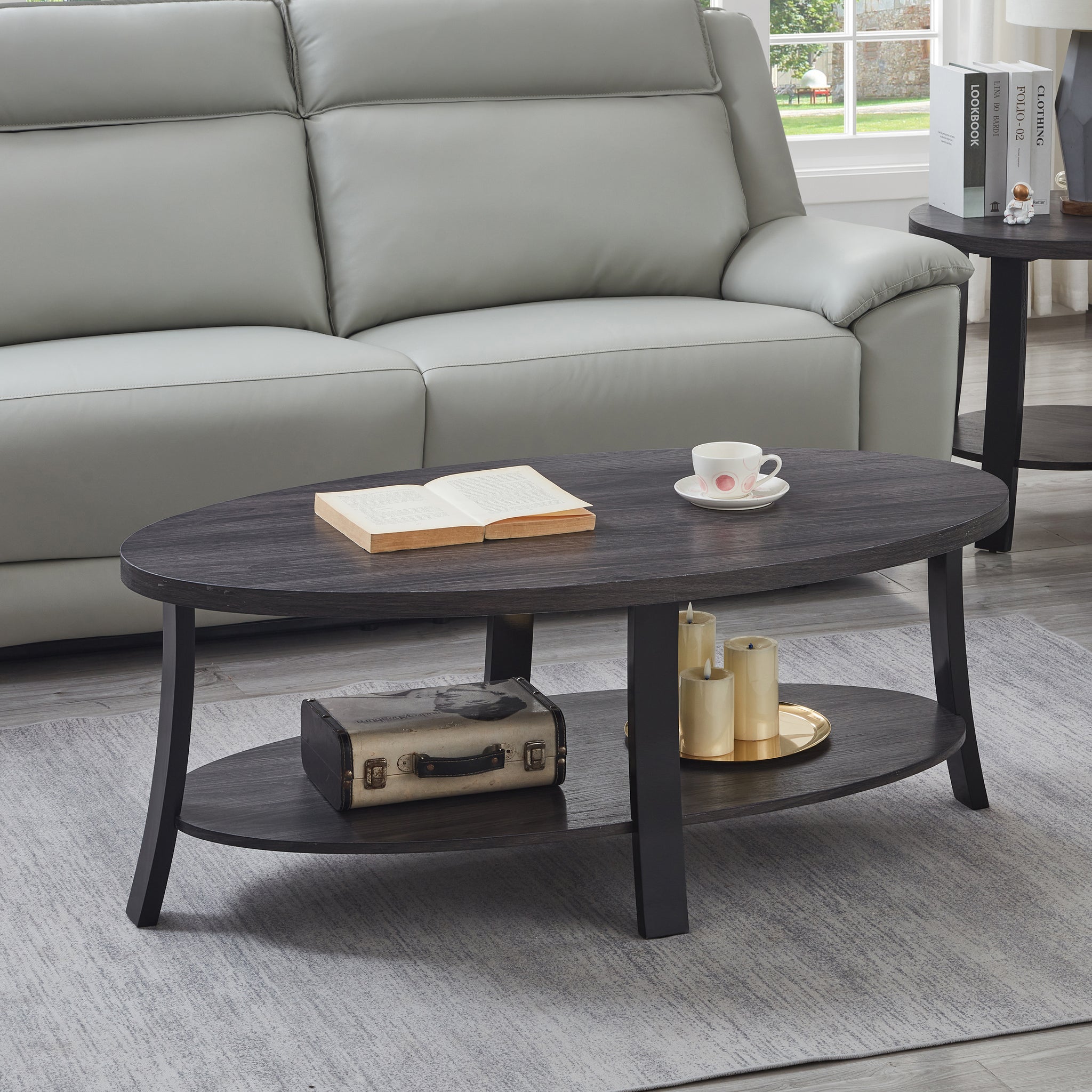 Anze Contemporary Oval Wood Shelf Coffee Table In Charcoal Finish Charcoal Wood