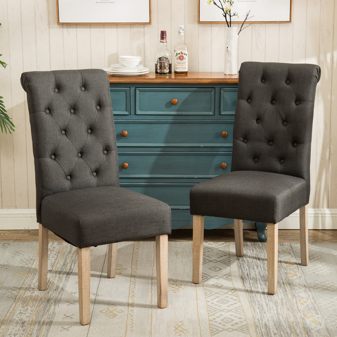 Habit Solid Wood Tufted Parsons Dining Chair, Set Of 2, Charcoal Charcoal Polyester