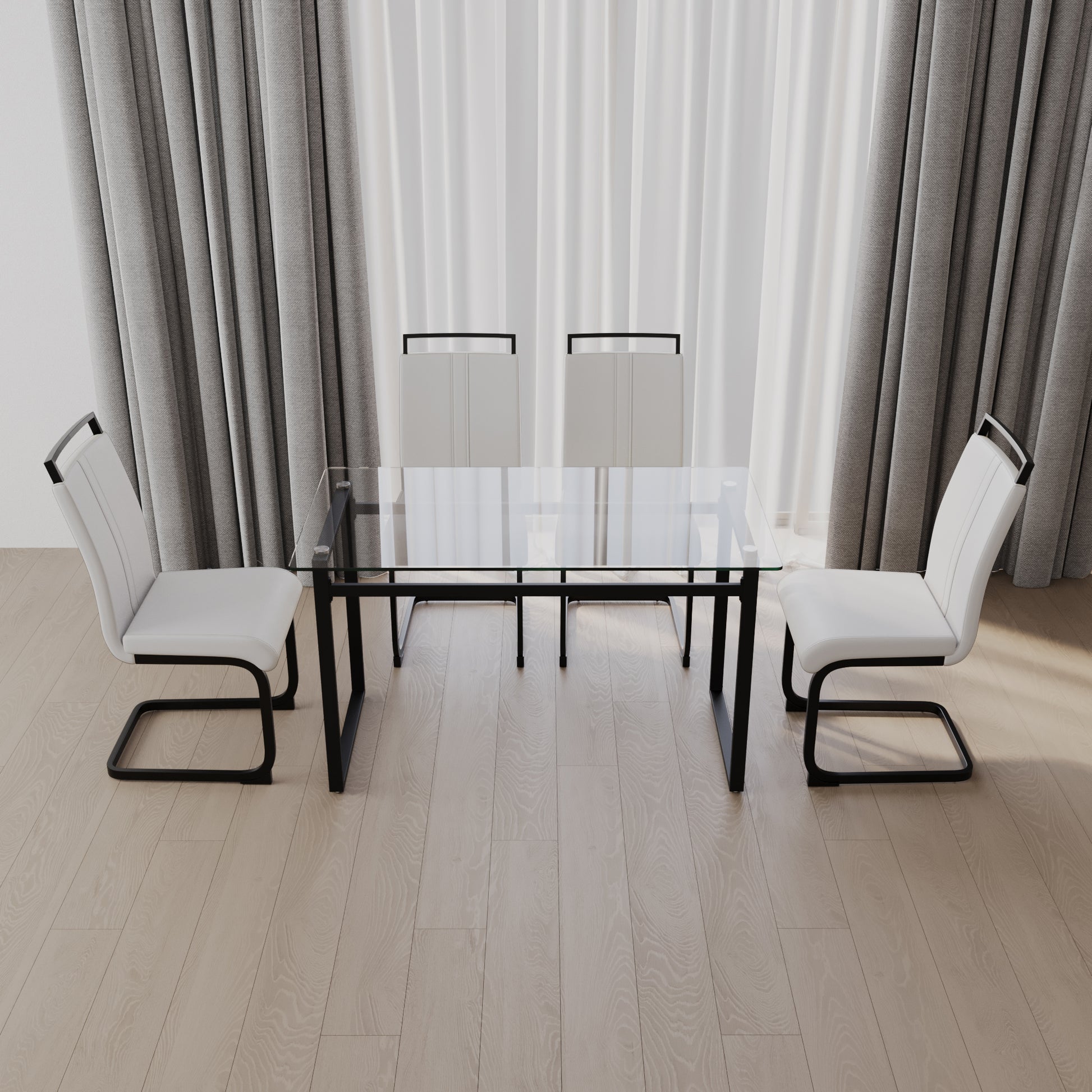 51 Inch Glass Dining Table Set For 4, Dining Table & Chair Sets With Black Metal Legs For Kitchen, Modern Rectangle Tempered Glass Table Top And Pu Dining Armless Chair For Dining Room Transparent Glass