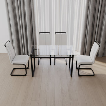 51 Inch Glass Dining Table Set For 4, Dining Table & Chair Sets With Black Metal Legs For Kitchen, Modern Rectangle Tempered Glass Table Top And Pu Dining Armless Chair For Dining Room Transparent Glass