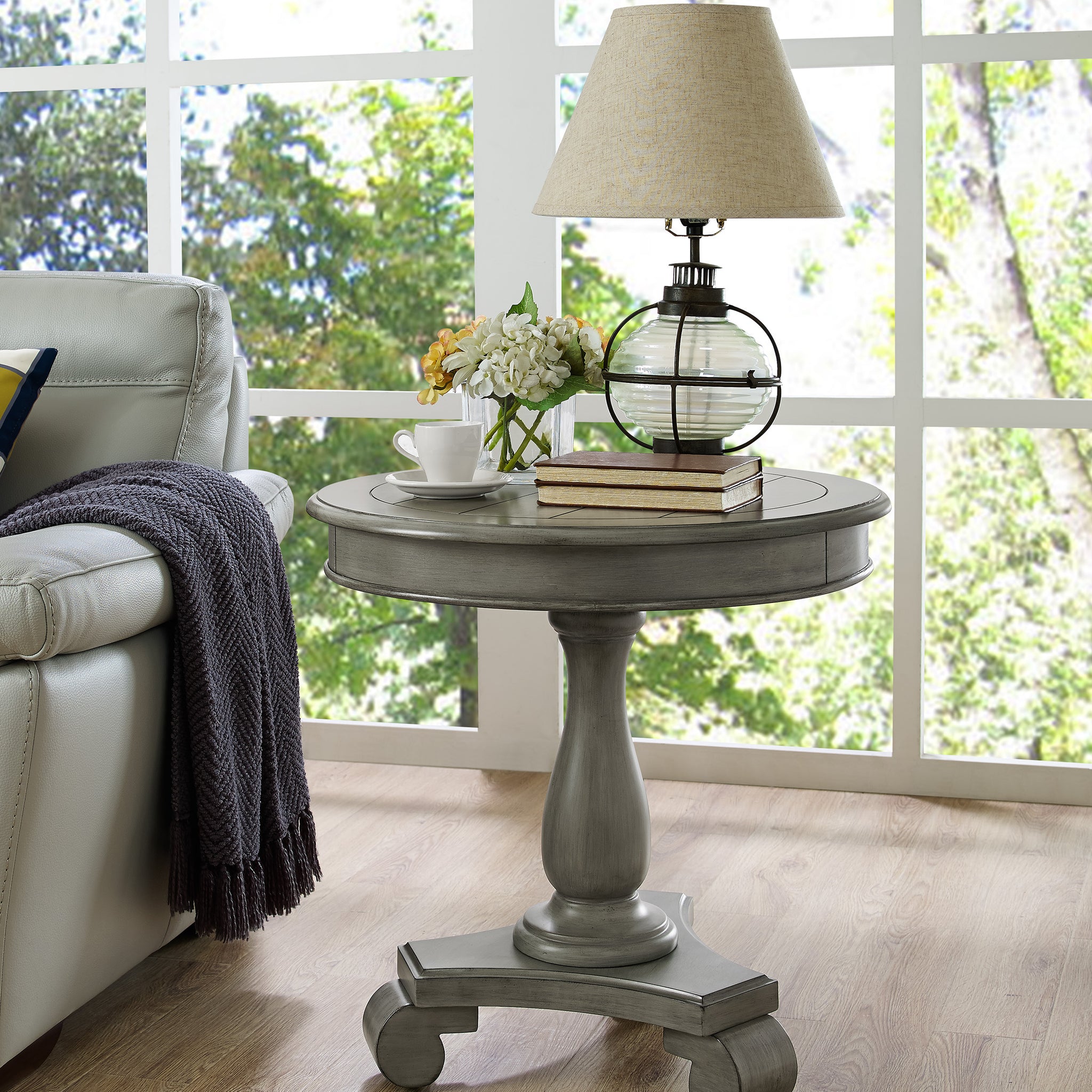 Rene Round Wood Pedestal Side Table, Gray Gray Wood