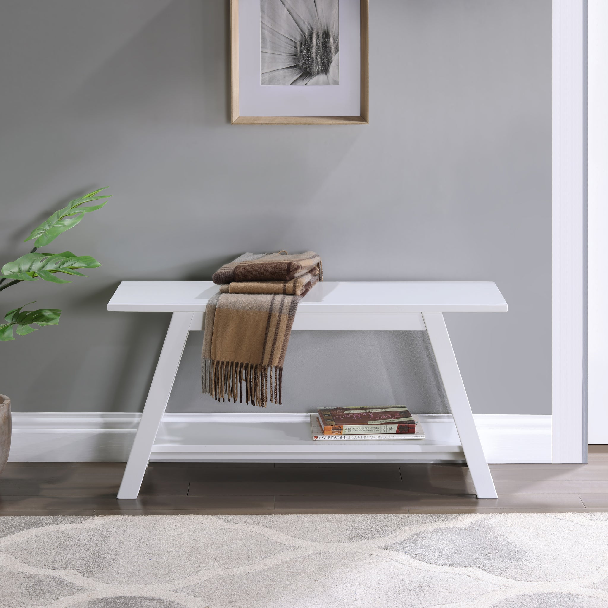Elyz Solid Wood Bench With Shelf, 36.10 Inch Long, White White Wood