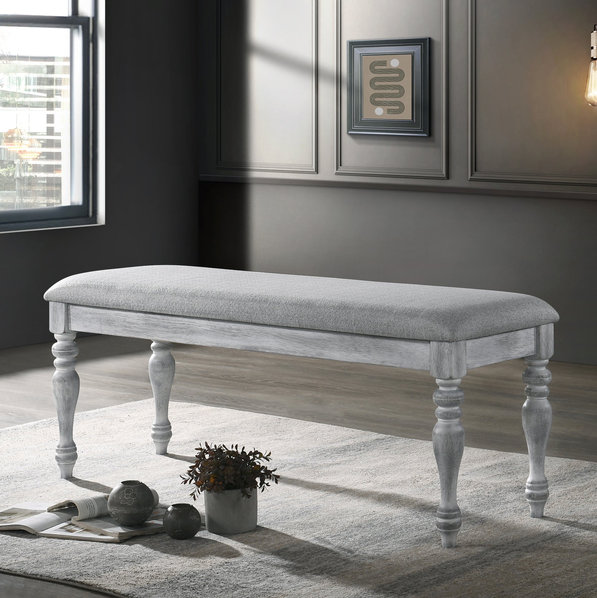 Salines Upholstered Turned Leg Dining Bench, Rustic White White Polyester