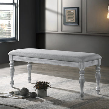 Salines Upholstered Turned Leg Dining Bench, Rustic White White Polyester