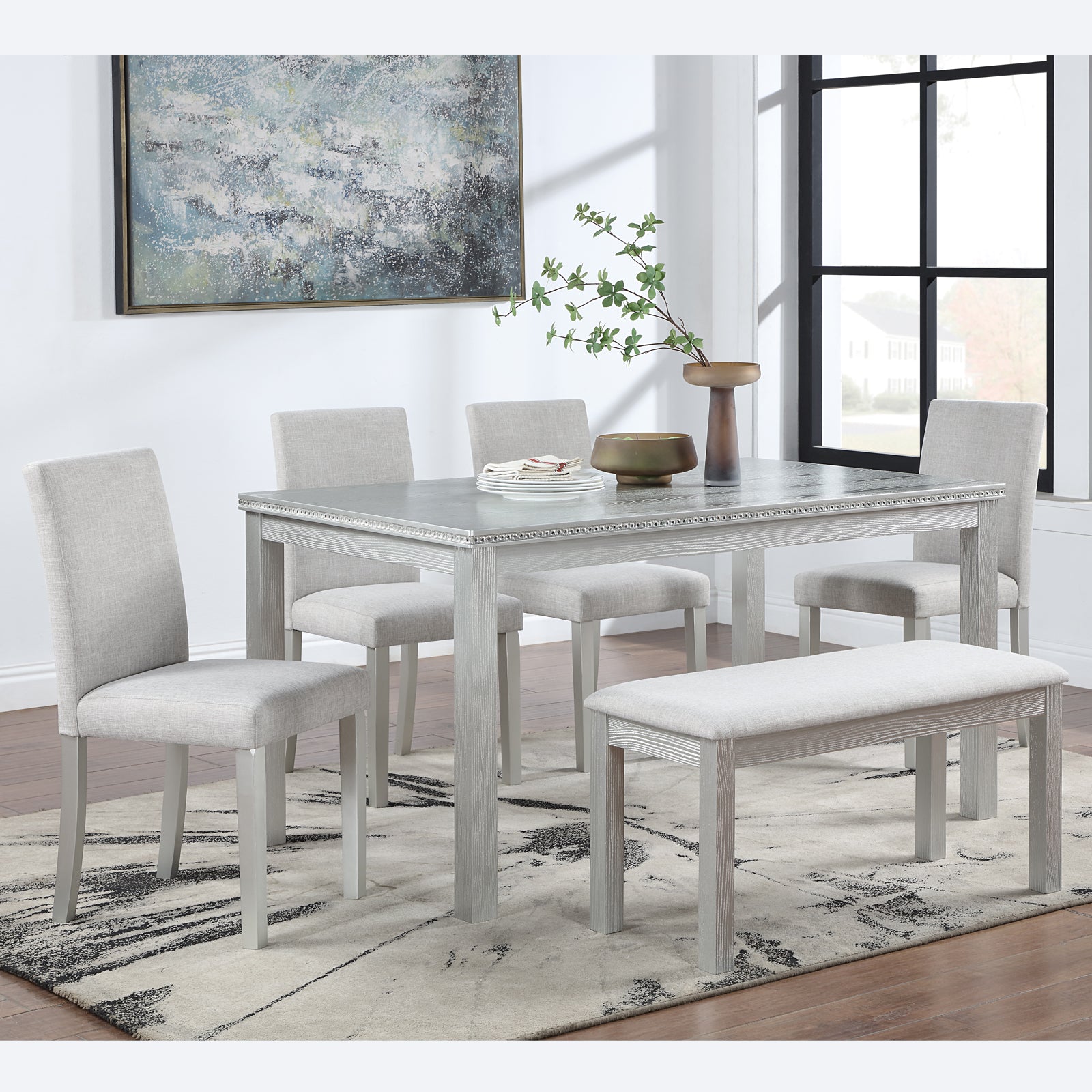 Wooden Dining Rectangular Table With Bench, Kitchen Table With Bench For Small Space, 6 Person Dining Table, Silver Grey Beige Silver Gray Seats 6 Dining Room Rectangular 4 Leg Rectangular Dining Table With Chair And Bench Solid Wood Mdf