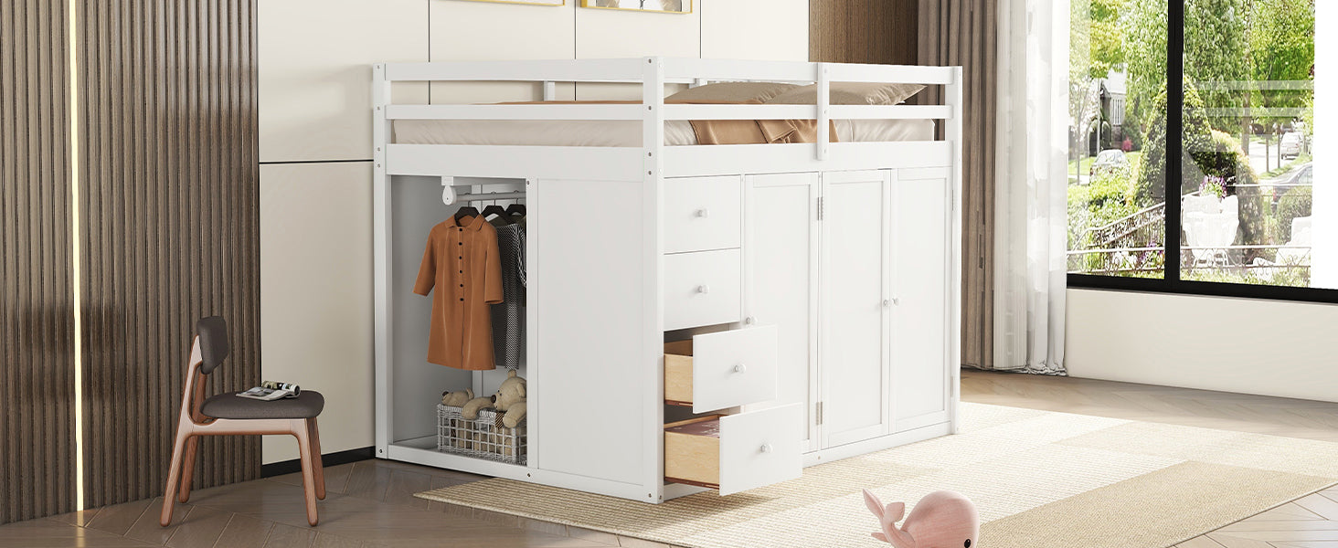 Full Size Wood Loft Bed With Built In Wardrobes, Cabinets And Drawers, White White Solid Wood Mdf