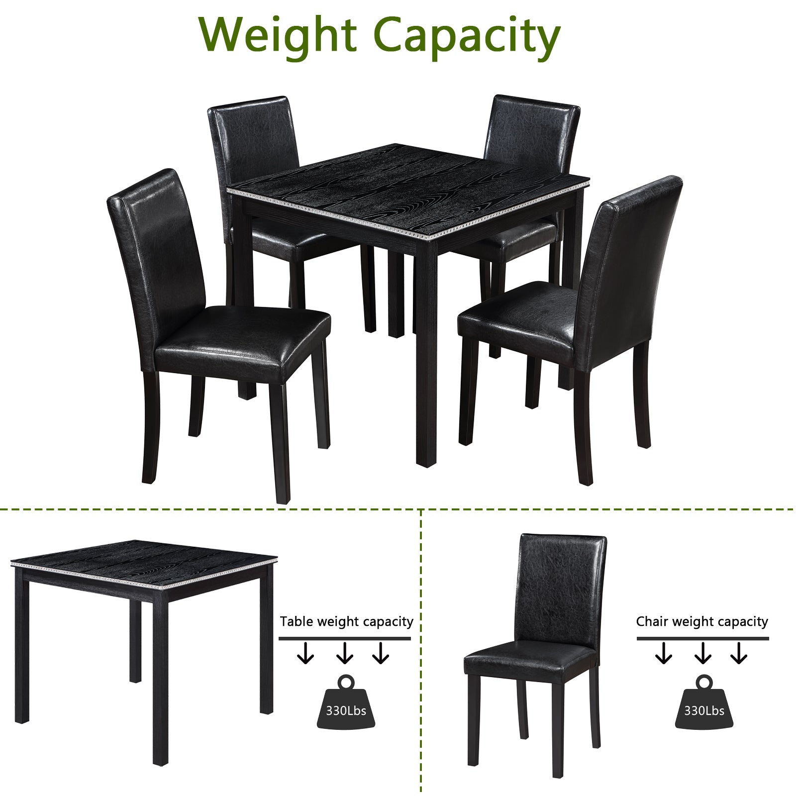 5 Piece Wooden Dining Table Set, Kitchen Table Set With A Square Table And 4 Upholstered Chairs, Wooden Dining Room Table With Crystal Decoration And Chairs Set For Kitchen, Dining Room, Black Black Seats 4 Dining Room 4 Leg Square Dining Table With
