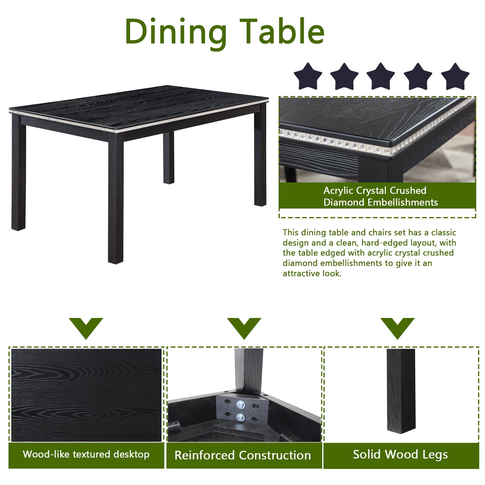 Wooden Dining Rectangular Table With Bench, Kitchen Table With Bench For Small Space, 6 Person Dining Table, Black Black Seats 6 Dining Room Rectangular 4 Leg Rectangular Dining Table With Chair And Bench Solid Wood Mdf